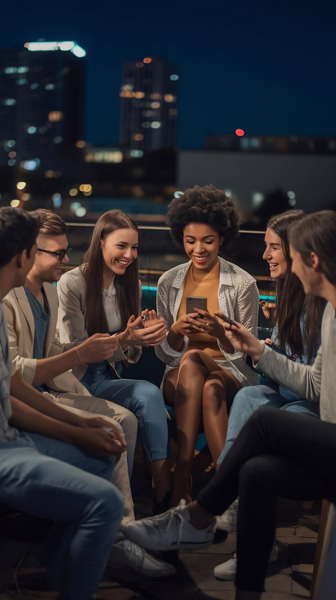 Grupo de amigos rindo enquanto joga Nem a Pau no celular